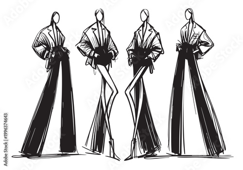 Cartoon abstract fashion models sketch in dress, black