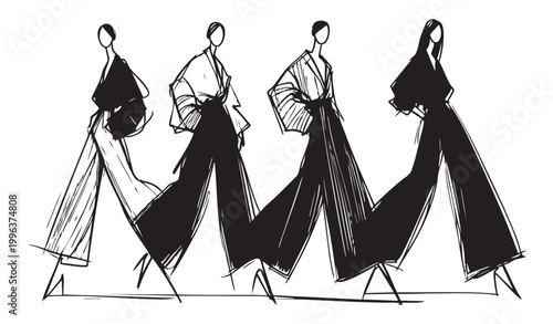 Cartoon abstract fashion models sketch in dress, black. Girl in wide pants
