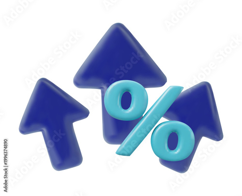 Set of 3D financial icons including blue arrows pointing up and a light blue percentage symbol.
