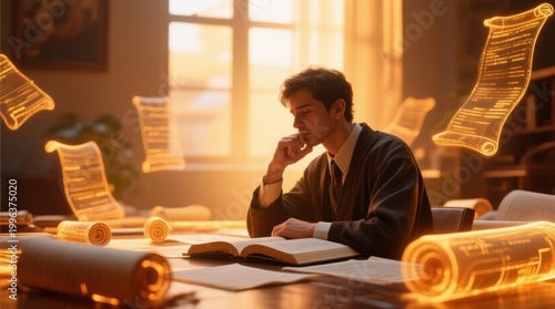 Thoughtful Scholar Engaged in Study Surrounded by Glowing Scrolls