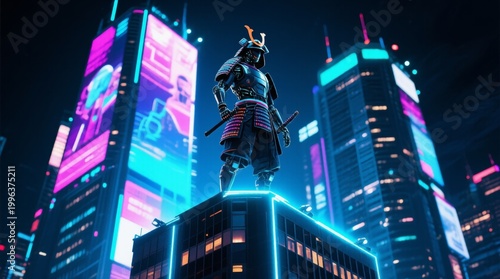 Futuristic Samurai Warrior Standing on Rooftop in Neon Cityscape