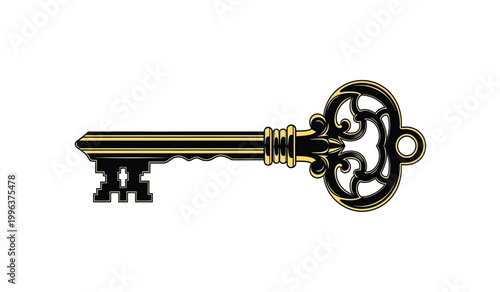 An ornate vintage style golden key is displayed against a plain white backdrop showcasing intricate detailing and a striking silhouette high quality professional detailed