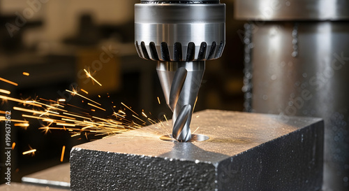 Sparks fly from a drill bit as it cuts through a metal block in a workshop with precision and power. Generative AI