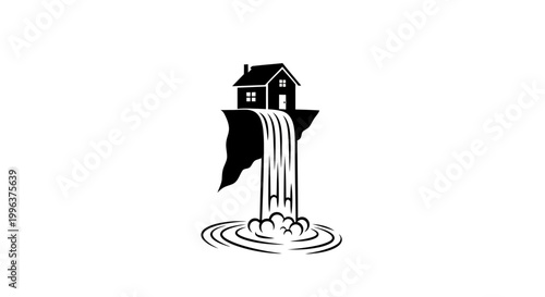 House falling into water illustration.
