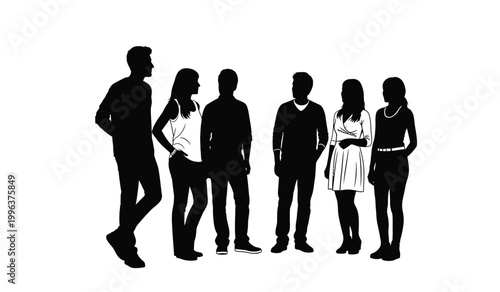 A group of six people are depicted standing closely together exhibiting various postures and clothing styles in silhouette high quality professional detailed modern elegant