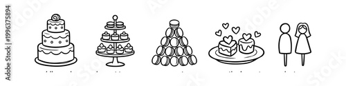 A set of minimalist black and white line art icons featuring wedding desserts like a tiered cake, macaron tower, cupcakes, and bride and groom silhouettes for celebrations.