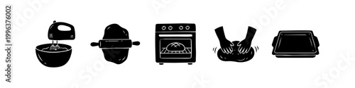 Hand-drawn black and white icons illustrating the bread baking process: mixing, rolling dough, baking in the oven, kneading, and a baking tray. Ideal for recipes and culinary designs.