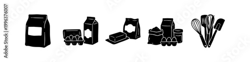 Collection of hand-drawn black and white icons for baking ingredients and kitchen tools, including flour, eggs, milk, butter, whisks, and spatulas, ideal for culinary and recipe designs.