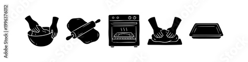 A set of black silhouette icons illustrating the step-by-step baking process, from mixing and kneading dough to rolling and oven baking. Perfect for food blogs, recipes, and culinary projects.