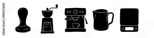 Set of five professional coffee-making equipment icons in black silhouette style, featuring a tamper, grinder, espresso machine, milk pitcher, and digital scale on a white background.
