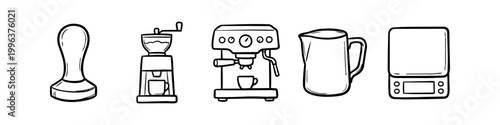Set of hand-drawn coffee brewing icons featuring a tamper, manual grinder, espresso machine, milk pitcher, and digital scale. Ideal for cafe menus, barista tools, and coffee shop branding.