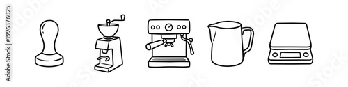 Hand-drawn coffee equipment icons in a minimalist black and white line art style, featuring an espresso machine, tamper, grinder, milk pitcher, and digital scale for barista brewing.