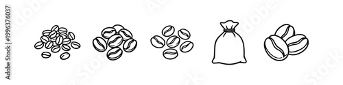 Set of minimalist coffee bean icons and a burlap sack, hand-drawn black and white line art vector illustrations for cafe branding, menu design, and packaging.