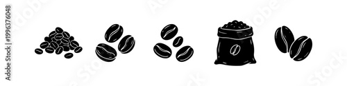 A collection of black silhouette icons of roasted coffee beans in various arrangements, including a burlap sack, piles, and small groups, isolated on a white background.