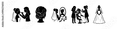 Set of black silhouette icons depicting bridal wedding preparation, including makeup application, hairstyling, and a bride in a gown. Ideal for salon services and marriage event planning.