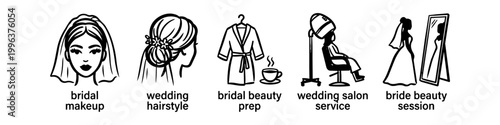 Set of bridal beauty and wedding preparation icons including makeup, hairstyle, robe, salon service, and mirror session. Black linear vector illustrations for wedding planners and salons.