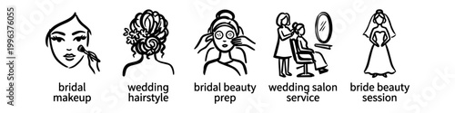 Set of hand-drawn bridal beauty icons including makeup, hairstyle, facial prep, salon service, and full bridal look. Perfect for wedding planning, beauty salon services, and grooming concepts.