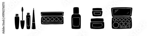 Hand-drawn black and white makeup and cosmetic product icons set including mascara, eyeshadow palettes, foundation, and cream jars on a white background.
