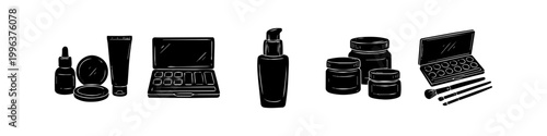 Set of hand-drawn cosmetic and skincare product silhouettes, including eyeshadow palettes, cream jars, and makeup brushes on a white background.