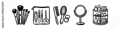 Hand-drawn black and white doodle illustration of beauty and grooming essentials including makeup brushes, manicure kit, hairbrush, mirror, and a cosmetic organizer.