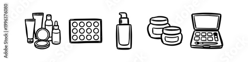Collection of hand-drawn makeup and skincare icons. Black and white doodle style illustrations of beauty products including lotions, eyeshadow palettes, cream jars, and foundation bottles.