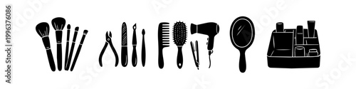 Black silhouette icons of professional beauty and grooming tools including makeup brushes, hair dryer, comb, mirror, and organizer. Minimalist personal care equipment set on white background.