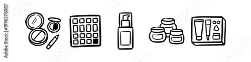 Set of hand-drawn cosmetics and skincare icons featuring powder, eyeshadow palette, pump bottle, cream jars, and a beauty gift set. Simple black and white line art doodles.