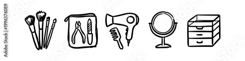 Hand-drawn black and white doodle icons of beauty and grooming essentials including makeup brushes, a manicure kit, a hair dryer, a comb, a vanity mirror, and storage drawers.
