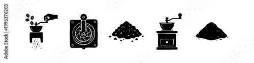 Set of hand-drawn vintage coffee grinder icons, beans, and ground coffee silhouettes. Perfect for cafe branding, kitchen decor, and coffee preparation illustrations.