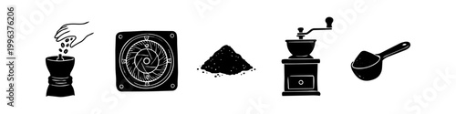 Coffee grinding process icon set featuring hand pouring beans, mechanical burr, ground coffee pile, vintage manual mill, and a measuring scoop. Black silhouette vector on white background.