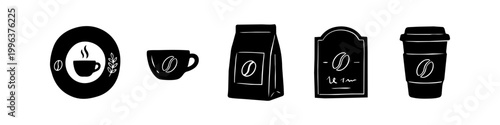 Hand-drawn collection of coffee icons featuring mugs, to-go cups, and bean packaging in a minimalist black silhouette style. Perfect for cafe menus, branding, and graphic design.