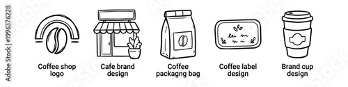 Hand-drawn coffee branding icon set featuring a shop logo, cafe storefront, packaging bag, label, and takeaway cup. Ideal for cafe identity design and minimalist marketing materials.