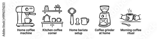 Set of hand-drawn minimalist line art icons for home coffee brewing, featuring an espresso machine, grinder, barista tools, a cozy kitchen coffee corner, and a morning coffee ritual.