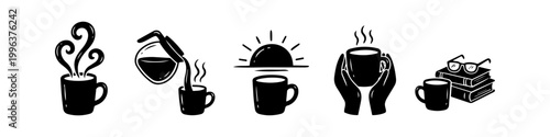 Minimalist black and white hand-drawn icons of coffee mugs, a pouring coffee pot, sunrise, hands holding a warm cup, and books with glasses, representing a cozy morning routine.