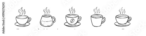 Set of five hand-drawn coffee and tea cup sketches with steam. Minimalist black ink line art doodles on white background, perfect for cafe branding, menu design, and beverage-themed illustrations.