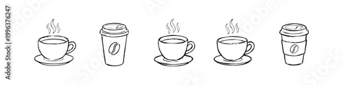 Set of hand-drawn coffee cup sketches including ceramic mugs on saucers and disposable to-go cups with steam and coffee bean logos. Minimalist black and white line art illustration.