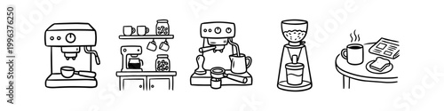 Hand-drawn black and white doodle illustrations of coffee equipment, including espresso machines, grinders, and a cozy breakfast scene on a table. Perfect for cafe or home brewing themes.