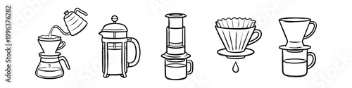Set of hand-drawn line art illustrations of manual coffee brewing methods including French press, pour over, and AeroPress. Minimalist black and white doodle icons for cafe and barista theme.