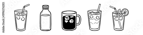 Set of minimalist black and white line art icons featuring various beverages, including iced coffee, lemonade with mint, a bottled drink, and refreshing cocktails in glasses with straws.