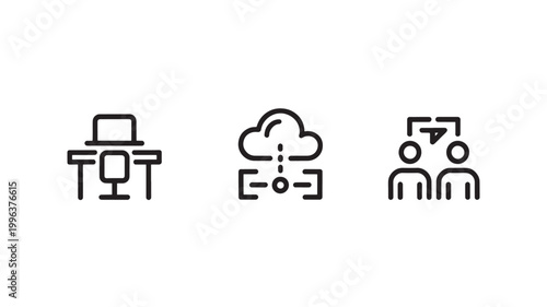 Digital Services Workspace Icons: Cloud Data Connection, Desk Setup, and Teamwork Collaboration Line Art