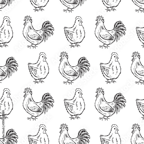 Seamless pattern with farm roosters and hens. A rustic poultry repeatable design for kitchen textiles, or packaging. Hand drawn vector sketch illustration in vintage doodle crayon charcoal style