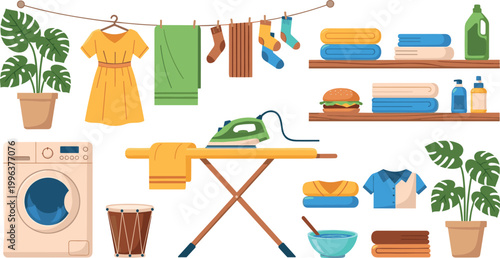 Domestic Laundry and Home Organization Vector Set Featuring Washing Machine Ironing Board Clothesline and Folded Linens for Lifestyle Services and Household Graphic Designs