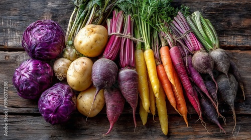 A vibrant assortment of fresh vegetables on a rustic wooden table
