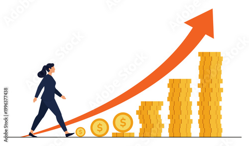 Businesswoman walking up arrow gold coin