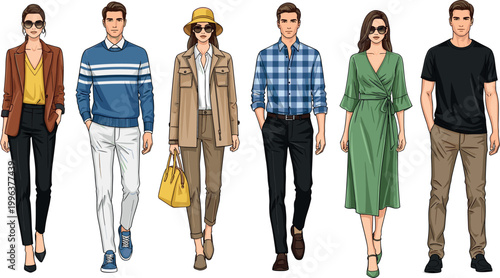 Fashionable Young Men and Women Wearing Trendy Casual Outfits and Formal Clothing for Lifestyle Blog Street Style and Modern Apparel Catalog Graphic Designs