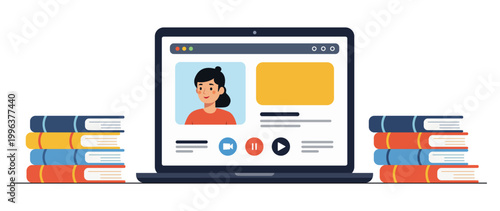 Laptop screen woman student stack book