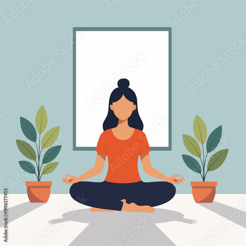 Woman meditating lotus pose home plant