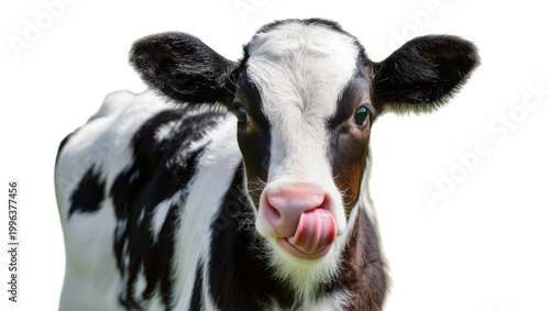 Black and white calf with pink nose licking its lips, isolated on transparent background