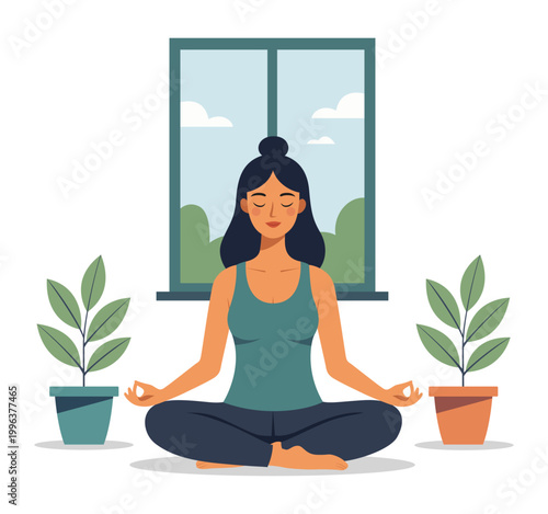 Woman sitting yoga pose home plant