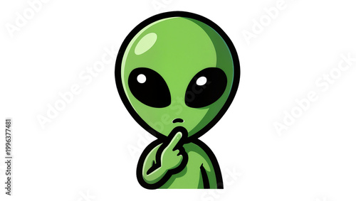 Canvastavla Green alien with finger on lips, isolated on transparent background